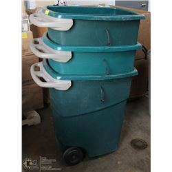 LOT OF 3 OVERSIZED GARBAGE CANS WITH WHEELS.