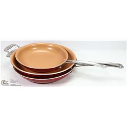 FLAT OF 3 RED COPPER FRYING PANS - 2XL & 1 MED.