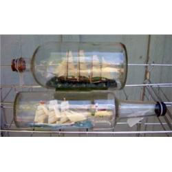 Two Folk Art Ships in a Bottle