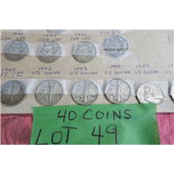 40 coins on cardboard