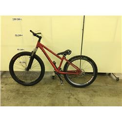 RED NO NAME SINGLE SPEED FRONT SUSPENSION MOUNTAIN BIKE (NO BRAKES)