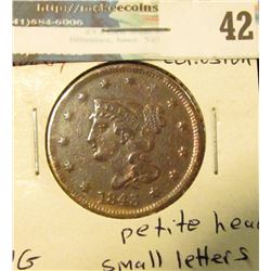 1843 U.S. Large Cent, petite head, small letters, heavy corrosion.