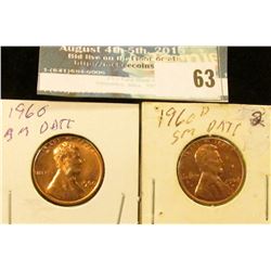1960 P large date & 60 D small date U.S. Lincoln Cents, Red Gem BU.