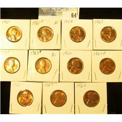 1961 P, D, 62 P, 63 P & (2) D, 64 P, D, 65 P, 66 P, & 67 P U.S. Lincoln Cents, Red Gem BU.