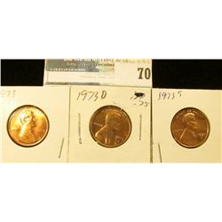 1973 P, D, & S U.S. Lincoln Cents, Red Gem BU.