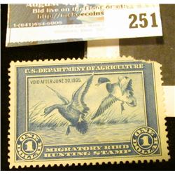 1934 RW1 Federal Migratory Bird Hunting and Conservation $1.00 Stamp. Mint, unsigned, with no gum. U