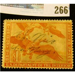 RW11 1943 Federal Migratory Bird Hunting and Conservation Stamp, signed by a U.S. Navy Veteran, no g