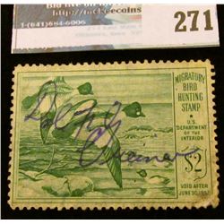 RW16 1949 Federal Migratory Bird Hunting and Conservation Stamp, signed, no gum.