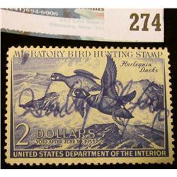 RW19 1952 Federal Migratory Bird Hunting and Conservation Stamp, signed, no gum.