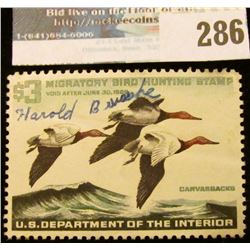 RW32 1965 Federal Migratory Bird Hunting and Conservation Stamp, signed, no gum.
