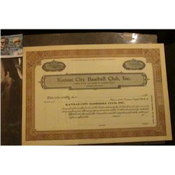 Unissued Number 82 Common Stock Certificate "Kansas City Baseball Club, Inc.". Extremely Rare.