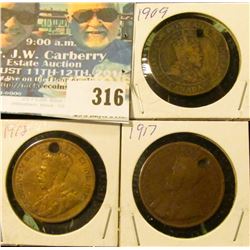 1909, 1912, & 1917 (holed) Canada Large Cents.