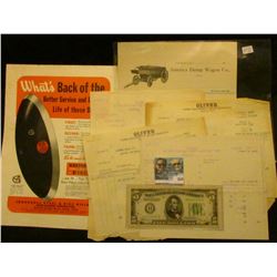 Full magazine page advertisement for "Oliver" Tractors; group of (5) old invoices from "Oliver Farm 