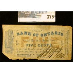 Nov. 15th, 1862 Civil War note issued in Canandaigua, New York "Bank of Ontarion Pay to the Bearer F