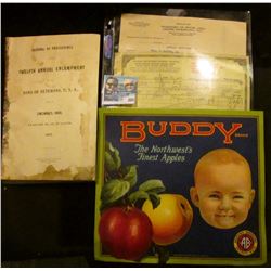 Mint condition Fruit Box label "Buddy The Northwest's Finest Apples"; 294 page coverless book "Journ
