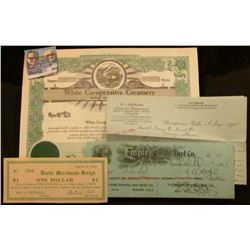 "Certificate For Shares of the Capital Stock White Co-operative Creamery White, S.D."; 1908 Letter o