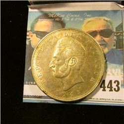 1943 World War II Silver Five Sucres from the Republic of Ecuador, .5787 oz. Silver, .720 Fine. AU.