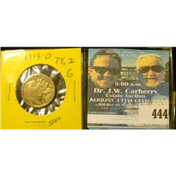 1913 D Type II Buffalo Nickel, retains half of the Buffalo's horn, Good.