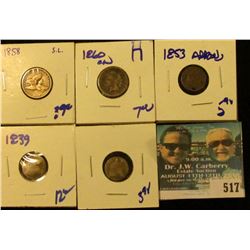 1839 HALF DIME WITH DAMAGE, 1858 FLYING EAGLE WITH DAMAGE, NO DATE HALF DIME, 1853 HALF DIME (holed)