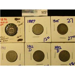 1876 SHIELD NICKEL, 1887 SEMI KEY DATE V NICKEL, TWO 1912-D V NICKELS, AND 1911 V NICKEL