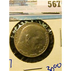 GERMAN SILVER 2 MARK COIN DATED 1937-F.  VIN HINDENBURH IS ON THE FRONT.  SWASTIKA AND AN EAGLE ARE 