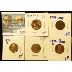 LINCOLN MEMORIAL CENT ERROR COIN, 1972-S PROOF MEMORIAL CENT, 1980-S PROOF MEMORIAL CENT, 1996-S PRO