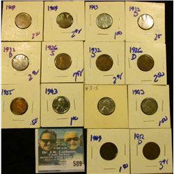 THREE 1909 WHEAT CENTS WITH INFO CARDS, 4 1943 STEEL CENTS, 1932-D, BETTER DATE 1926-S, 1955, 1932-D