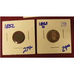 1852 SILVER THREE CENT PIECE AND 1845-O SEATED LIBERTY DIME