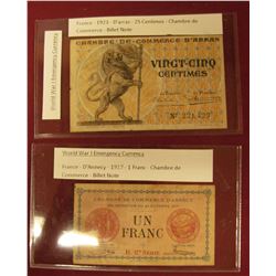 TWO FRENCH POST WORLD WAR 1 EMERGENCY NOTES.  THE FIRST NOTE IS A 1917 ONE FRANC NOTE PRINTED IN D'A
