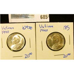 2 HIGH GRADE 1940 5 LIRE COINS FROM THE VATICAN- KM NUMBER 28