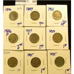 1896 V NICKEL, 1897 V NICKEL, AND 7 BUFFALO NICKELS