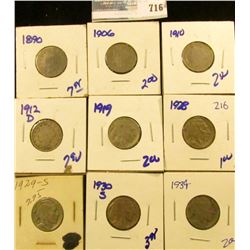 NICKELS LOT INLUDES 1912-D V NICKEL, 1919 BUFFALO, 1906 V NICKEL, 1890 V NICKEL, 1930-S BUFFALO NICK