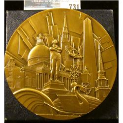THREE INCH BRONZE MEDAL CELEBRATING BOSTON'S JUBILEE.  ON THE MEDAL IS THE CITYSCAPE WITH A JET TAKI