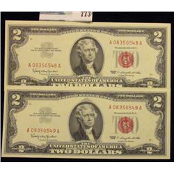 TWO CRISP AND CONSECUTIVE TWO DOLLAR RED SEAL NOTES SERIES 1963