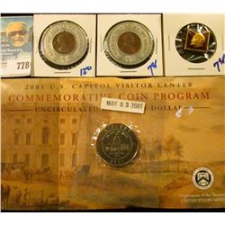 TWO ENCASED GOOD LUCK PENNY TOKENS/ ADVERTISING PIECES, PINBACK WITH LENIN ON IT, AND 2001 CAPITAL V