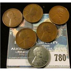 5 1909-VDB WHEAT CENTS AND 1943 WORLD WAR 2 STEEL CENT