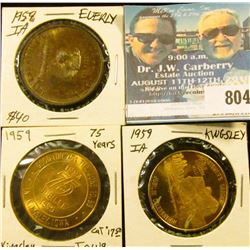 (3) Different Iowa Diamond Jubilee Medals, includes: 1958 Everly, & (2) 1959 Kingsley, Iowa.