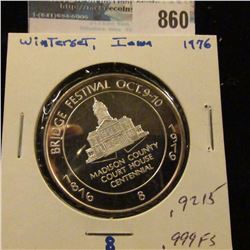 1876 Bridge Festival Oct. 9-10, 1976 #8 Proof .999 Fine Silver Medal from Wintersett, Iowa. 39mm. # 