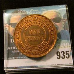 935 _ "Clarinda Chapter No.29 R.A.M./Chartered June 4th/1866/One/Penny/Clarinda, Iowa" Masonic Penny