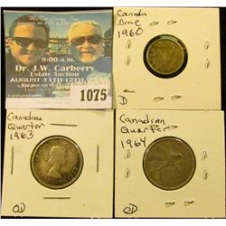 1075 _ 1963 & 1964 Canada Silver Quarters & 1960 Canada Silver Dime.