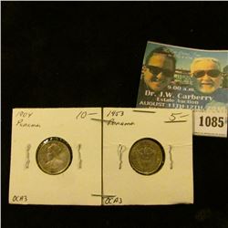 1085 _ 1904 .900 Fine Silver Panama 5 Centesimos de Balboa, EF; & 1953 Panama Silver Un decimo de Ba