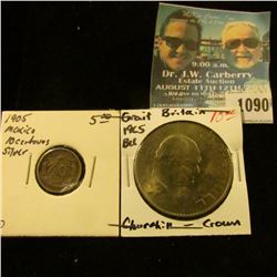 1090 _ 1905 Mexico Silver Ten Centavos, VF; & 1965 Great Britain Churchill Crown, Gem BU.