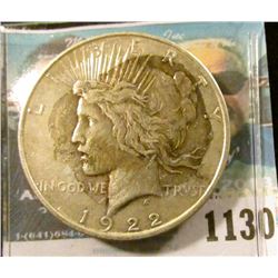 1130 _ 1922 D U.S. Peace Silver Dollar, VF, toning.