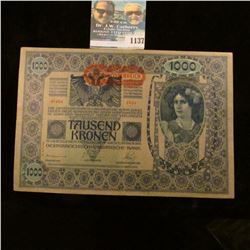 1137 _ 1902 One Thousand Kronen Austrian Banknote, Choice AU.