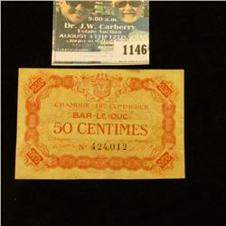 1146 _ 1917 France 50 Centimes "Bar-Le-Duc" Banknote.