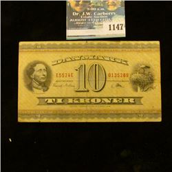 1147 _ 1936 Denmark National Bank 10 Kroner Banknote, VF+.