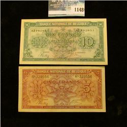 1148 _ Pair of 1945 Belgium 5 & 10 Frank Banknotes. Choice AU.