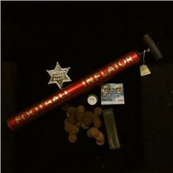 1151 _ Antique Football Air Pump; "Lee Riders Deputy Sheriff" badge from the 1930s; & a solid date r