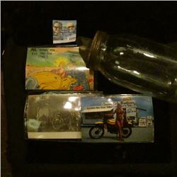 1157 _ Mason Glass Jar with special spout lid; Daytona Beach Post Card with beauty with Motorcycle; 