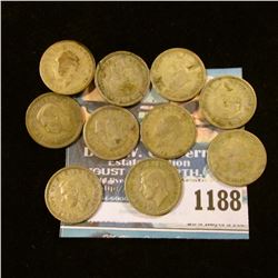 1188 _ Set of Great Britain Silver Three Pence Coins: 1932, 34, 36, 38, 39, 40 41, 42, 43, & 44. (10